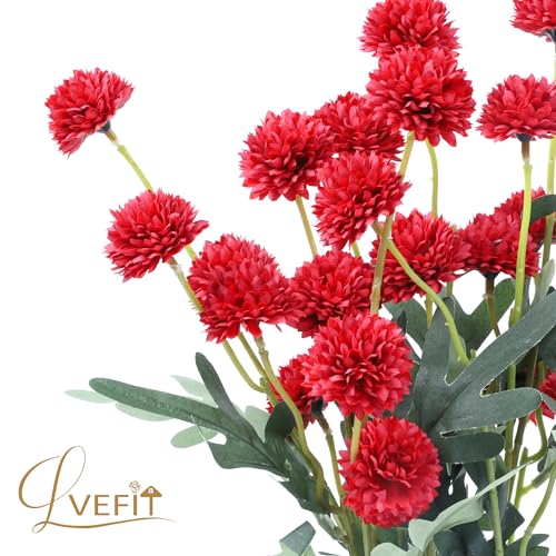 LVEFIT 10 Pcs Red Kiku Flower Fake Mums Long Stem Flowers,Faux Kiku Flower Bulk,Silk Flowers Mini Chrysanthemum Floral Arrangements,Artificial Flowers Chrysanth Mini Fake Flower - color: Red