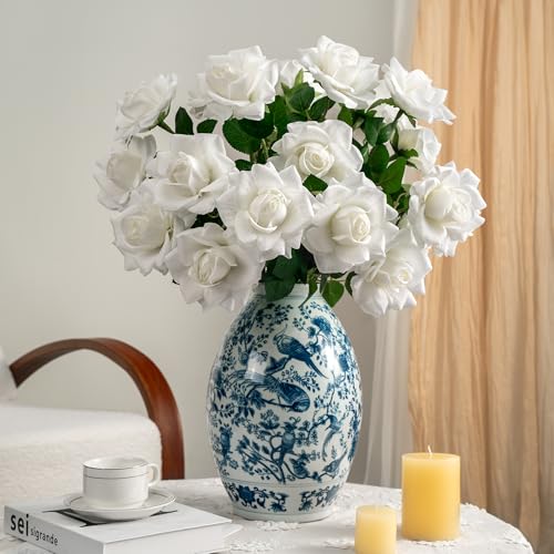 Artificial Flowers Artificial Roses Fake Roses 23.2In Long Stem Artificial Flowers for Tall Vase Silk Rose 20PCS Suitable for Wedding Party Decor Valentine's Day DIY Bouquet Spring,White - color: White