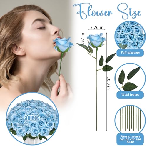 30pcs Sky Blue Artificial Roses with Long Stems Realistic Bouquet Blue Fake Silk Rose Artificial Flowers Bulk for Bridal Wedding Bouquet Centerpiece Ball Arrangement Party Decor - color: Sky Blue