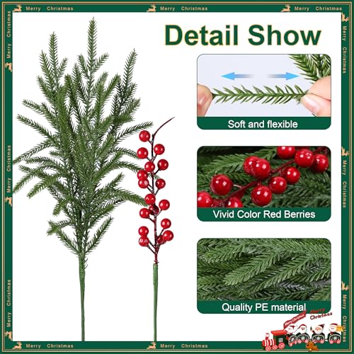 florisso Artificial Faux Christmas Norfolk Pine Stems Branches for Vases,12 Bundles Fake Evergreen Real Touch Greenery Stem with 3 PCS Red Berry Branches for Xmas Holiday Winter Table Indoor Decor - color: Red Berries