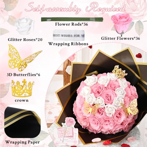 36+20 Glitter Roses Bouquet, DIY Fake Flowers Bouquet, Craft the Initials of Your Loves' Name with Artificial Rose Bouquet for Valentines, Anniversary, Wedding, Mothers Day Gifts, Pink & White - color: Pink & White
