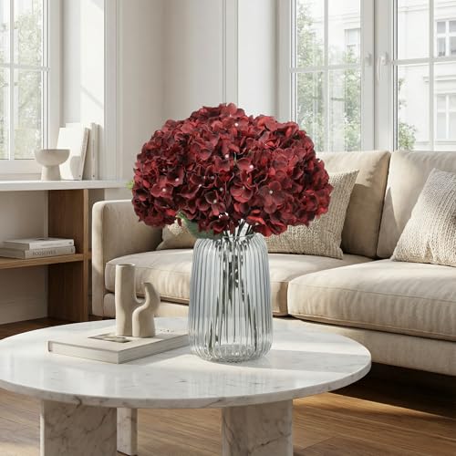 2Bouquets Artificial Fake Flowers Plants Silk Hydrangea Arrangements Wedding Bouquets Decorations Plastic Floral Home Kitchen Garden Party Festival Bar DIY (Dark Red,5 Flower Heads) - color: Dark Red，5 Flower Heads