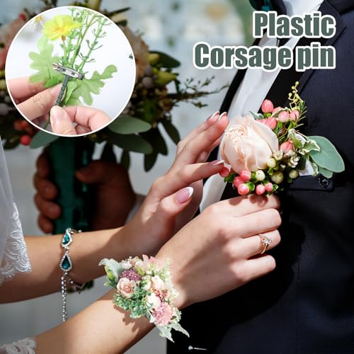 31Pcs Triangle Boutonniere Safety Pins with Flower Tape, T-Shaped Plastic Corsage Pins Safety Clips for Bride Groom, Tiny Boutonniere Supplies for Wedding Festivals Buttonhole Flowers Button Making