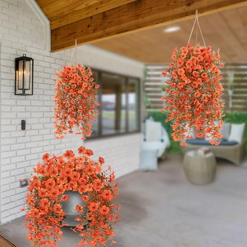 Artificial Fake Hanging Flowers Fall Plants for Outdoor Outside Autumn Decoration 2PCS Faux Silk UV Resistant Realistic with Eucalyptus for Home Thanksgiving Harvest Porch Patio Balcony(Fall Orange) - color: Fall Orange