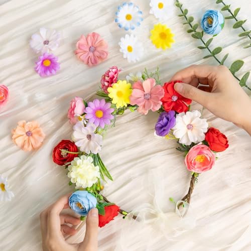 Fake Flower Heads for Crafts, 66PCS Mini Artificial Flowers Bulk, Small Silk Daisy Rose Sunflower Faux Floral Heads for DIY Hair Clips, Wedding Cake, Graduation Cap, Wreath & Party Decoration - color: Bright Colors Mixed