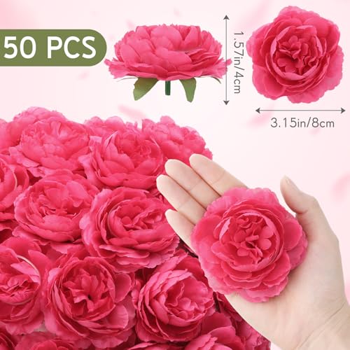 Thiccywoov 50 Pcs Artificial Flowers, 3.2 Inches Silk Rose Head Flowers Fake No Stem for Wedding Bridal Bouquet Home Floral Decor DIY Centerpieces Arrangements Party Tables Decoration(Hot Pink) - color: Hot Pink