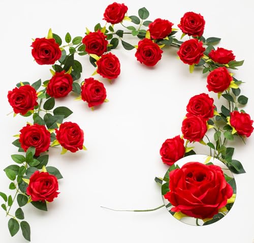 Bendable Artificial Flower Garland Rose Vine Hanging Floral Garland for Mantel Wall Trellis Fence Home Room Garden Wedding Arc Decor(Red, 1pcs) - color: Red, size: 1pcs
