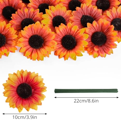 Coferset 40pcs Fake Sunflower Heads with Stems, 4" Fall Sunflower Artificial Silk Flower Heads for Party Baby Shower Wedding Making Handicrafts Home Fall Decor(Fall Orange) - color: Fall Orange-40pcs