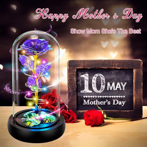 Childom Mothers Day Flowers Gifts for Mom from Daughter Son,Birthday Gifts for Women Mom Grandma Wife,Flowers for Delivery Prime,Rotating Purple Light Up Rose in A Glass Dome,Wedding Valentines Gifts - color: Rotating Purple Colorful Large