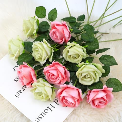 Hawesome Fake Roses Artificial Silk Flowers - 12 Pcs Green Roses Artificial Faux Flowers with Stems for Home Wedding Centerpiece Hotel Office Decor - color: Green