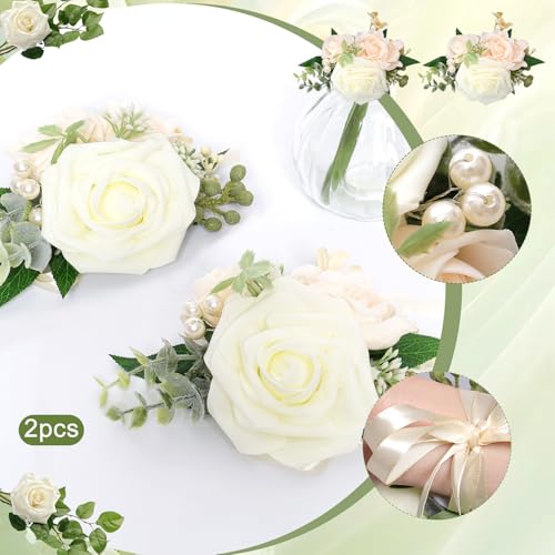 2 Pcs Wrist Corsage for Wedding Light Champagne Wrist Flower Bridal Wristband Flowers Corsages for Women Girls Mother of Bride Prom Anniversary Party Decorations