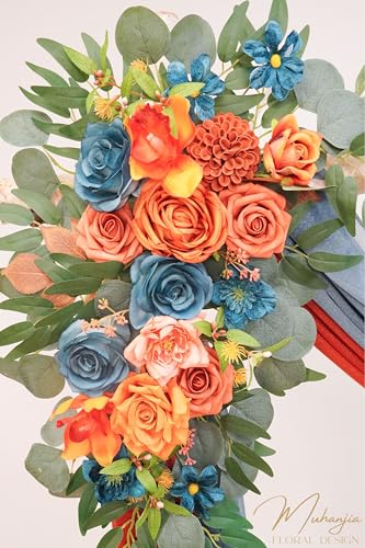 Muhanjia Artificial Wedding Arch Flowers Kit(Pack of 4),2Pcs Artificial Flower Arch Decor, 2Pcs Chiffon Fabric Drapes, Ceremony Decoration, Floral Outdoor Party Decor (Burnt Orange & Dark Teal) - color: Burnt Orange & Dark Teal