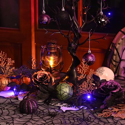 Valery Madelyn Halloween Garland with Lights, 6 Feet Pre-Lit Orange Purple Roses Black Maple Leaves Green Ball Ornaments Garland Decorations for Indoor Table Centerpiece Mantle Party Holiday Decor