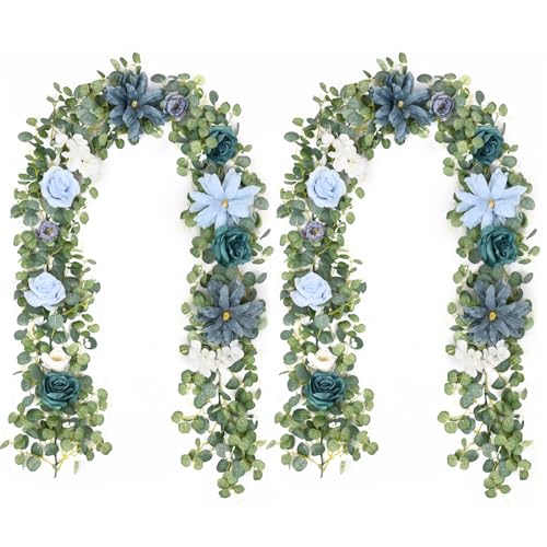 Waipfaru 2Pcs Flower Garland Decorations, Wedding Table Floral Rose Garland for Table Centerpieces Backdrop Wall, Eucalyptus Greenery Vines for Party Room Decor (Dusty Blue) - color: Dusty Blue-6.07ft, size: 2 Pack