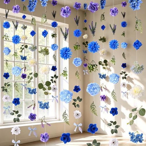 Livole 6Pcs 36Ft Hanging Flower Garland with Bow Wildflower Garlands Backdrop Silk Artificial Fake Floral Vines for Wedding Bridal Party Birthday Arch Wall Home Garden Decor(Blue) - color: Blue, size: 6Pcs