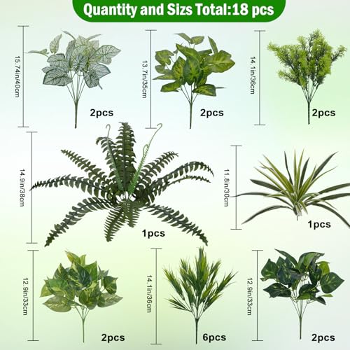 18 Bundles Artificial Greenery for Outdoors, Artificial Outdoor Plants UV Resistant Fake Spider Fern Coleus Plant Faux Bushes Leaves for Outside Window Box Patio Garden Front Porch Yard Summer Decor - color: Green-18pcs