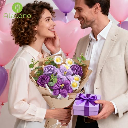Alecono Crochet Flower Bouquet, Purple Knitted Flowers, Large Knitted Flower for Graduation Anniversary Party Christmas Festival Gifts (Include Card) - color: Lavender, size: X-Large