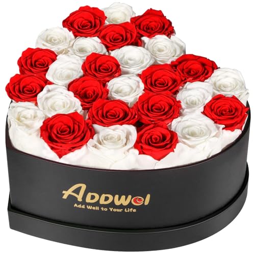 ADDWel Romantic Preserved Roses Bouquet for Her Anniversary, Birthday Flower Gifts for Women, 27-Pieces Eternal Roses with Natural Fragrance in Heart-Shape Box for Wife Girlfriend Mom - color: Red & White - 27 Roses