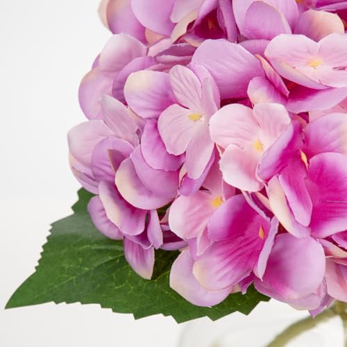 Hollyone Hydrangea Artificial Flowers with Glass Vase Purplish Pink Silk Faux Flowers Arrangements in Vase with Faux Water Fake Floral Bulk Bouquet for Home Decor Table Centerpiece Decorations - color: Hydrangea, Purplish Pink
