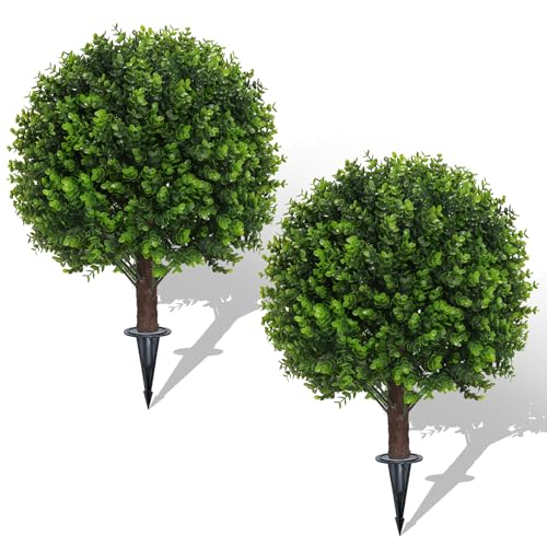 AOKIIE 24" Artificial Boxwood Topiary Bushes UV Resistant for Outdoor 2PCS | Artificial Shrubs with Ground Spike, Green Faux Outdoor Plants for Indoor & Outdoor Garden, Yard, Porch, Patio - color: Green