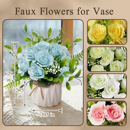 Blue Artificial Silk Roses with Ceramic Vase, No Maintenance Faux Flower Arrangement, 6.3 Inch Realistic Table Decor for Home Office Wedding - color: Blue