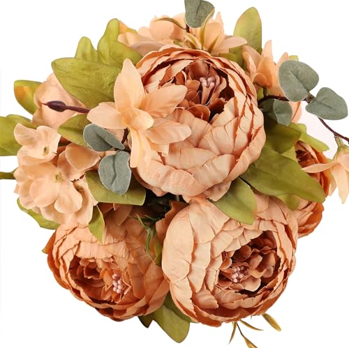 Duovlo Artificial Peony Silk Flowers Fake Flowers Vintage Wedding Home Decoration,Pack of 1 (Dark Champagne) - color: Dark Champagne