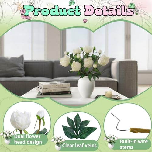 ucky 6PCS White Peonies Artificial Flowers, Realistic 2 Heads Silk Peonies with Stems & Buds, 17.51" Faux Peony Bouquets for Wedding Centerpieces DIY Home Table Vase Decor - color: White