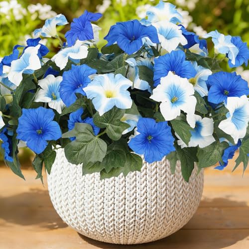 Artificial Flowers for Outdoors, Faux Petunias Spring Summer Decoration, Fake Flowers Plants UV Resistant Look Real Silk Flowers for Outside Planter Front Door Porch Patio Yard (6, Blue-White) - color: Blue-white