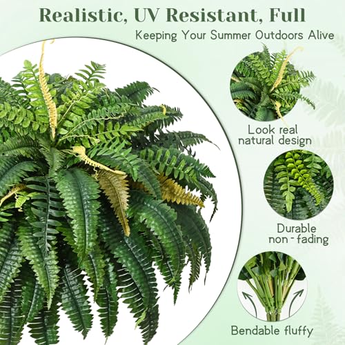 MARTINE MALL 2Pcs 48''/ 88 Leaves XXL Large Fake Ferns Artificial Ferns for Outdoors, UV Resistant Faux Boston Fern for Outdoor Planter Realistic Hanging Artificial Fake Plants for Porch Patio - color: Green, size: 2 PCS