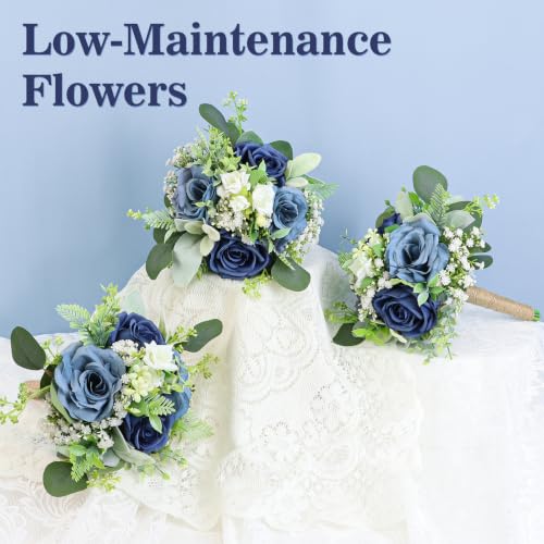 Navy & Blue Bridesmaids Bouquets Set of 4-7 Inch Artificial Flowers Bridesmaid Bouquet for Wedding Pre-Made Rustic Rose Small Floral Bouquets for Bridal Shower Marriage Proposal Party Anniversary - color: Navy & Blue, size: 4pcs