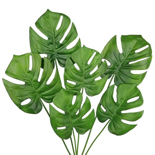 Hollyone 6 Pack Artificial Monstera Leaves with Stems Real Touch Faux Monstera Turtle Safari Leaf Fake Palm Tropical Plants for Vase Hawaiian Luau Party Jungle Beach Table Home Wedding Kitchen Decor - color: Monstera #1, size: Leaves Stem