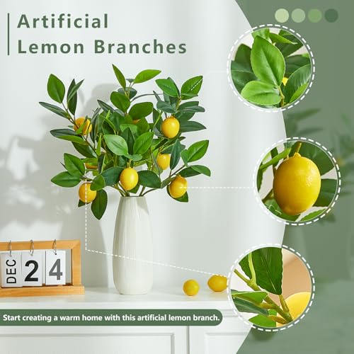 3 PCS Artificial Lemon Branches for Vase 18 Inch Fake Lemons Picks | Greenery Stems, Fake Fruits, Lemon Branches Realistic, Faux Lemons Tree Decor - color: Yellow