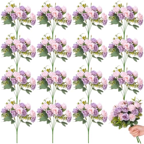 Zeyune 16 Bunches 12 Inch Artificial Mini Rose Bouquet 160 Heads Bridal Flower Bouquets Fake Silk Rose Bulk for Valentine's Day Wedding Bridal Shower Home Office Garden(Pink and Purple) - color: Pink and Purple