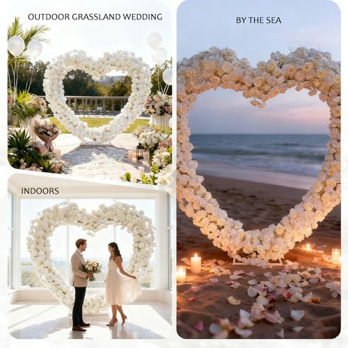 Heart-Shaped Rose Flower Arrangement - Floral Decor for Wedding Arch, Proposal, Party & Event Backdrops, Indoor Outdoor Use（White - color: White