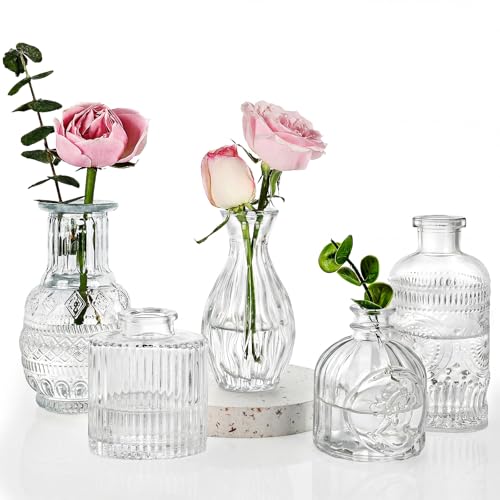 Fixwal Set of 5 Bud Vases, Small Vase for Flowers, Glass Vase for Home Decor, Wedding Decorations, Clear Flower Vases for Centerpieces, Vintage Vase for Home Decor - color: Clear, size: 5pcs
