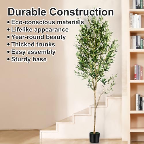 7FT Olive Tree Artificial Indoor - Tall Faux Olive Tree with Wood Trunk and Lifelike Fruits - Fake Plants in Pot for Home Office Living Room Decor - size: 7ft