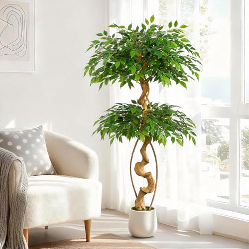 5ft Large Ficus Artificial Trees in White Pot, 60" Tall Fake Silk Tree with Natural Curved Trunk, Lush Faux Ficus Tree for Indoor Home Decor, Living Room, Office & Patio - size: 5ft