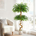 5ft Large Ficus Artificial Trees in White Pot, 60" Tall Fake Silk Tree with Natural Curved Trunk, Lush Faux Ficus Tree for Indoor Home Decor, Living Room, Office & Patio - size: 5ft