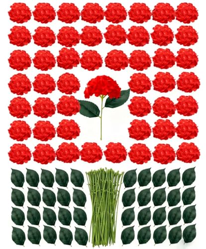 50 Pack Artificial Red Hydrangea Flowers with Leaves, 6 Inch Silk Flower Heads, DIY Mother's Day Wedding Decor Set with 100 Leaves, 50 Stems - color: Red