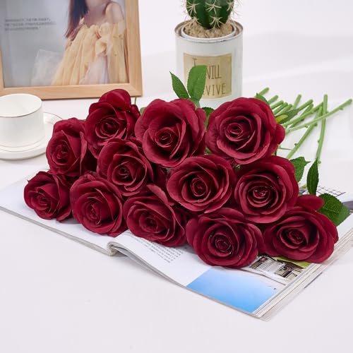 60 PCS Fake Burgundy Roses Artificial Burgundy Flowers Bulk Realistic Silk Faux Rose with Stems for Wedding Decoration Anniversary Bridal Bouquet DIY Floral Arrangement Romantic Home Decor Gifts - color: Burgundy