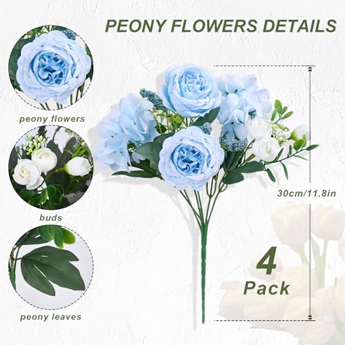 MARTINE MALL 4 Packs Peonies Artificial Flowers, Blue Artificial Peonies, Silk Peonies Flowers Fake Peonies Artificial Flowers Peonies Bouquet for Centerpiece Table Wedding Party Home Decor - color: Blue, size: 4PCS