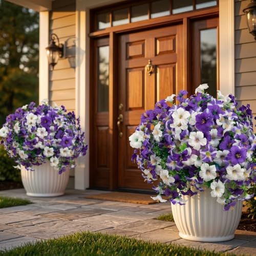 12 Bundles Artificial Flowers for Outdoors Fake Plants Spring Summer Decor, Realistic Fake Silk Flowers Colorful Morning Glory UV Resistant for Porch Outside Planter Porch Patio Yard (Purple-White) - color: White-purple, size: 12PCS