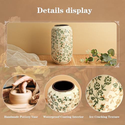 Ceramic Vase for Flowers – Modern Small Ribbed Textured Flower Vase for Home Decor, Pampas Grass, Decorative, Farmhouse, Coffee Table, Kitchen Centerpieces, Bookshelf and Home Living (Ice Crack Beige) - color: Ice Crack Beige