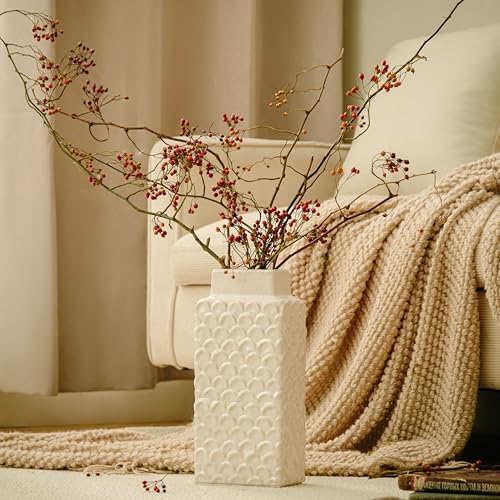 Ceramic Flower Vase, 12.6” Tall Rustic Farmhouse Decorative Vase for Home Decor, Beige Textured Pottery Vase for Pampas Grass, Living Room, Entryway, Mantel, Kitchen Table - color: 301-white