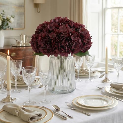 6PCS Artificial Fake Flowers Plants Silk Hydrangea 1 Flower Head Arrangements Wedding Bouquets Decorations Plastic Floral Table Centerpieces Home Kitchen Garden (Dark Red) - color: Dark Red