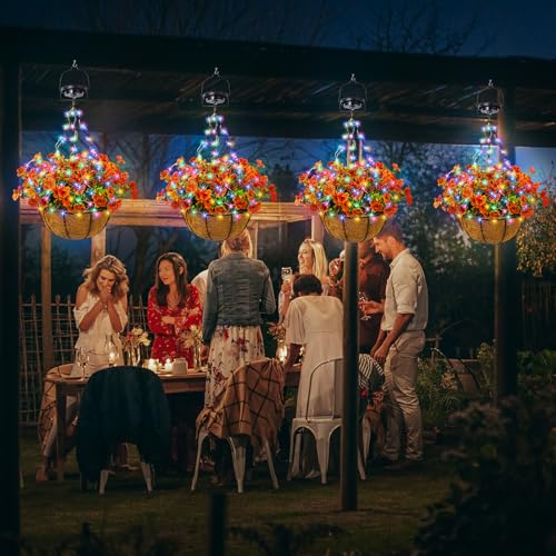 Solar Artificial Hanging Basket: Lighted Fake Flower Basket with Colorful Lights 2 Lighting Modes for Porch - 10 Inch Light Up Fall Hanging Baskets with Orange Faux Flowers for Garden Patio House - size: 10inch, style: round - orange