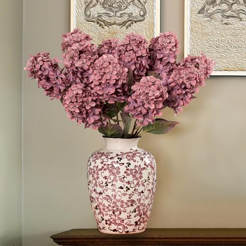 Ttranewsoo Burgundy Hydrangea Artificial Flowers,Fall Hydrangeas Artificial Flowers, Fake Fall Dried Hydrangea Decoration,Faux Silk Flower with Stems Winter Decor(Red Rose 24" 8pcs) Without Vase - color: Rose Red