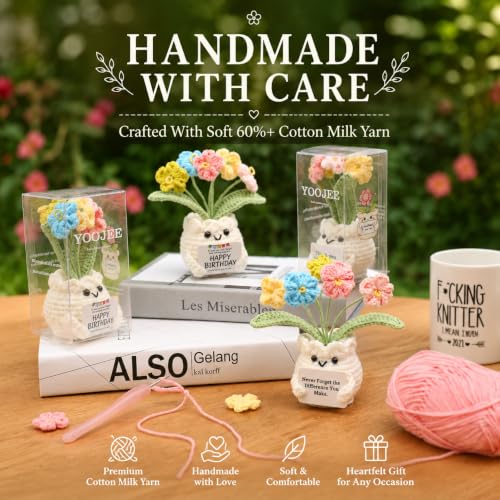 YOOJEE Crochet Forget Me Not Flower Pot Birthday Gifts for Women | Pet Display Box, Happy Birthday Message Card, Colorful Handmade Keepsake, Desk Decor, Gift For Mom Friend Sister Coworker - color: E-Happy Birthday