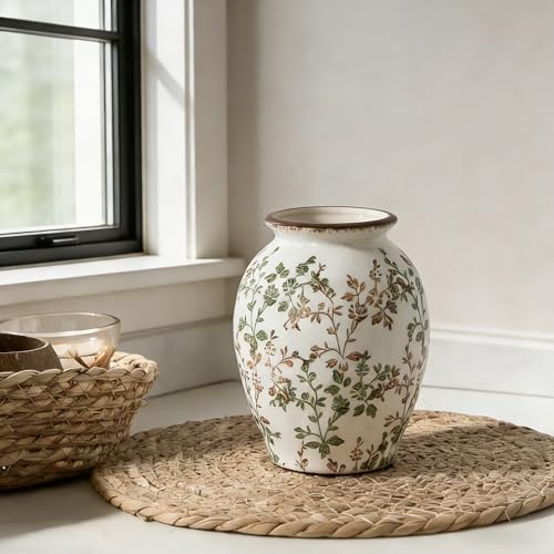5.63" Ceramic Flower Decorative Antique Vase, Vintage Rustic Chinoiserie Floral Vase for Home Decor, Living Room, Bookshelf, Office, Entryway, Garden, Chinoiserie Decor, Tuscan Decor - color: Green and Beige- 5.63"