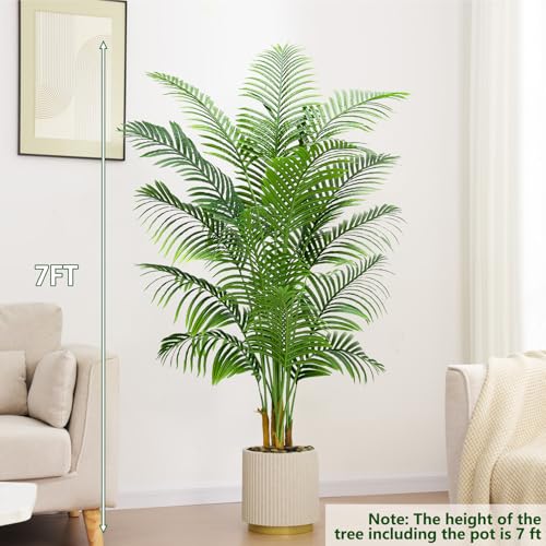 2 Pack Artificial Palm Tree Indoor Plant 7FT Tall Fake Tropical Palm Tree in Pot, Real Bark Design Faux Areca Palm Tree for Home Office Living Room Bedroom Farmhouse Modern Outdoor Topiary Tree - size: 7FT-2
